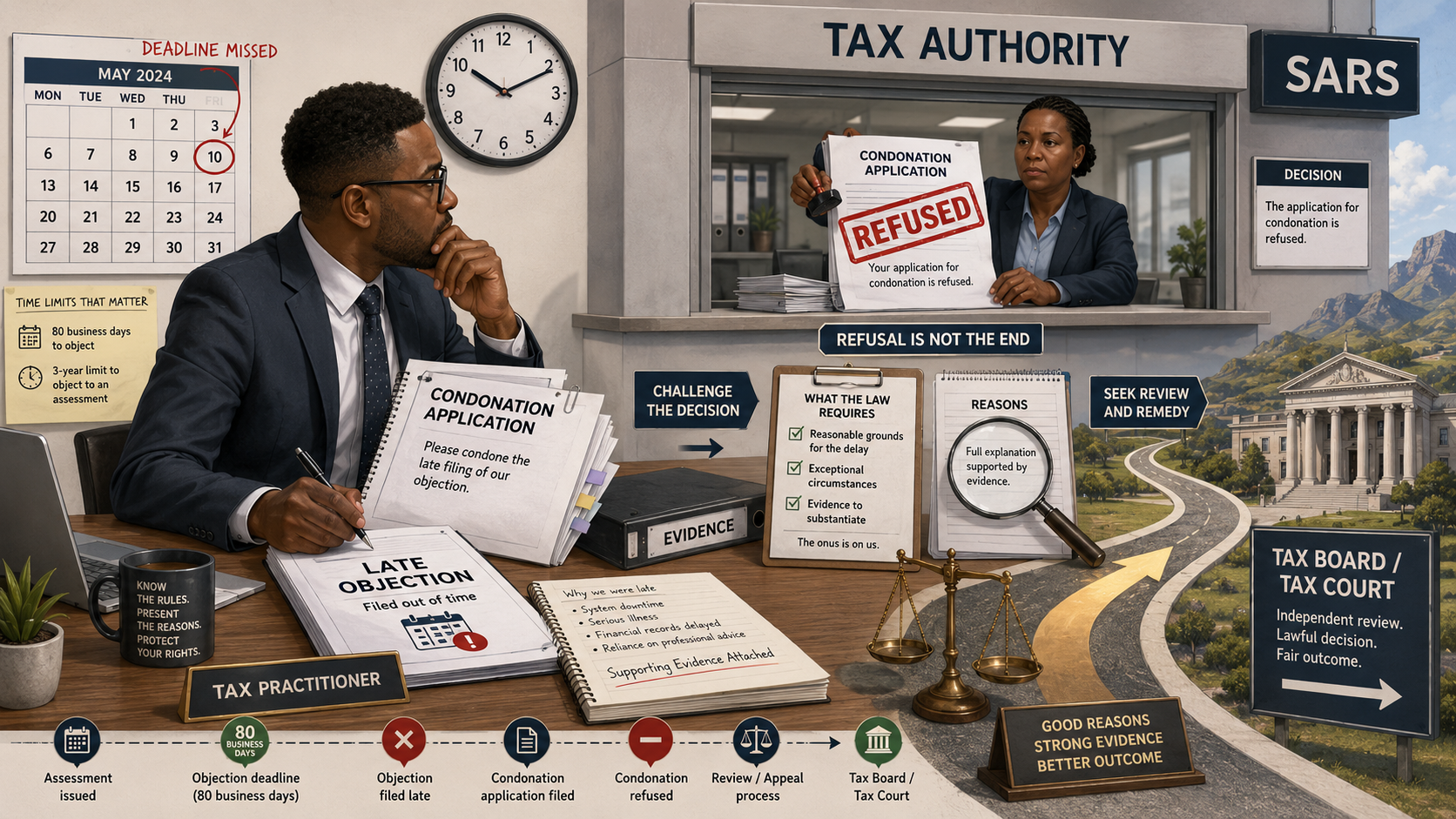 Illustration of a South African tax practitioner preparing a condonation application after missing the 80 business day objection deadline, with SARS refusing the application and the matter escalating to the Tax Board or Tax Court
