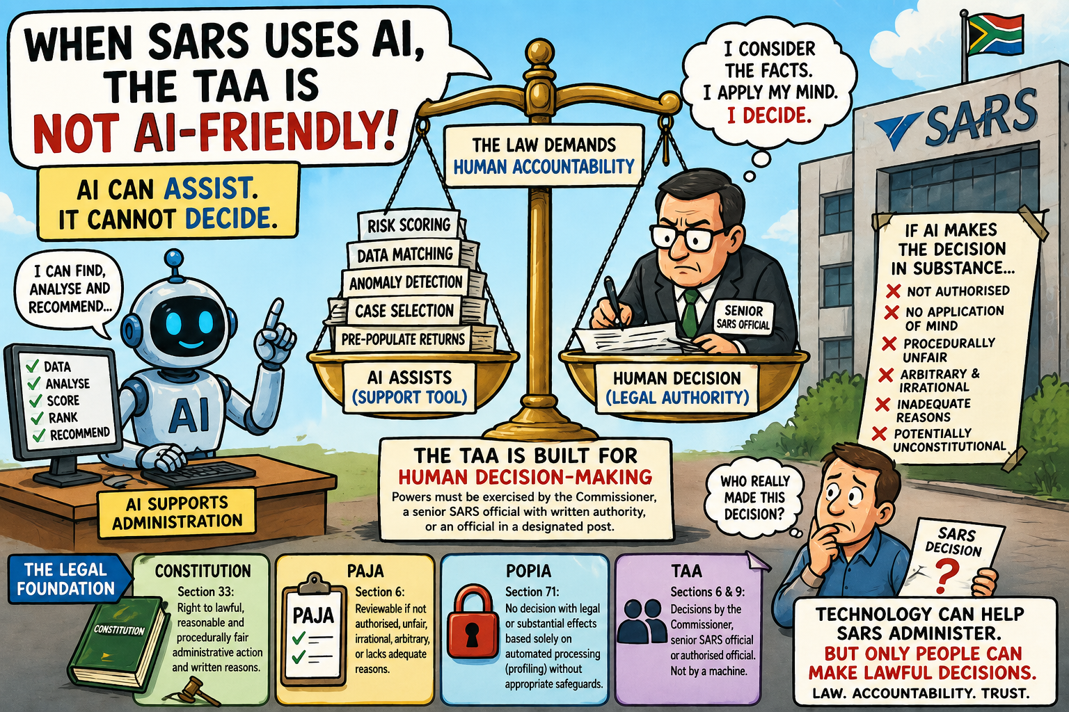 Infographic explaining that when SARS uses AI, the TAA is not AI-friendly: AI can assist but cannot decide, the law demands human accountability, and the Constitution, PAJA, POPIA and TAA all require human decision-making
