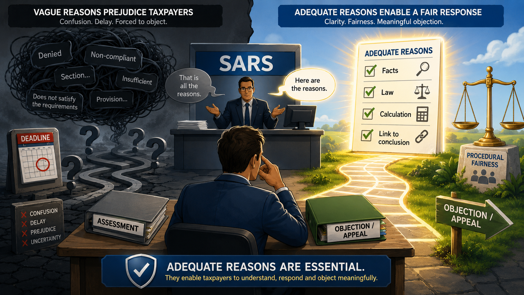Split infographic contrasting vague SARS reasons that prejudice taxpayers with adequate reasons that enable a fair response