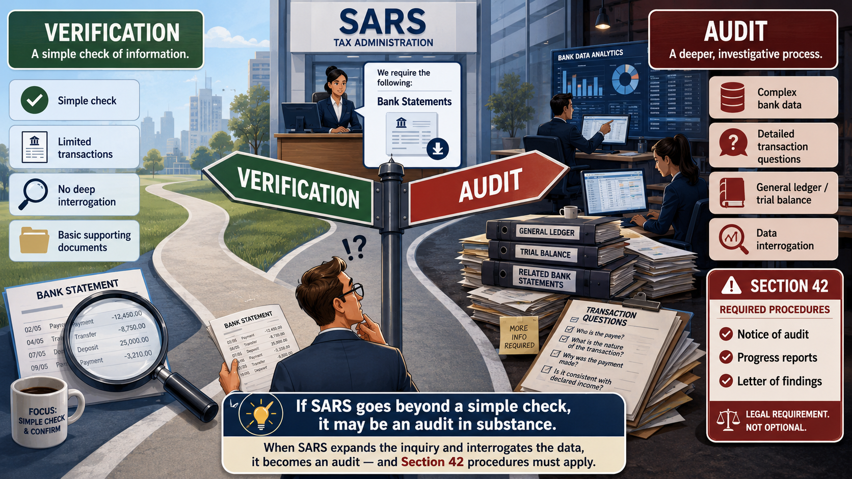 Infographic contrasting a simple SARS verification with a full audit triggered by deeper interrogation of bank data under Section 42