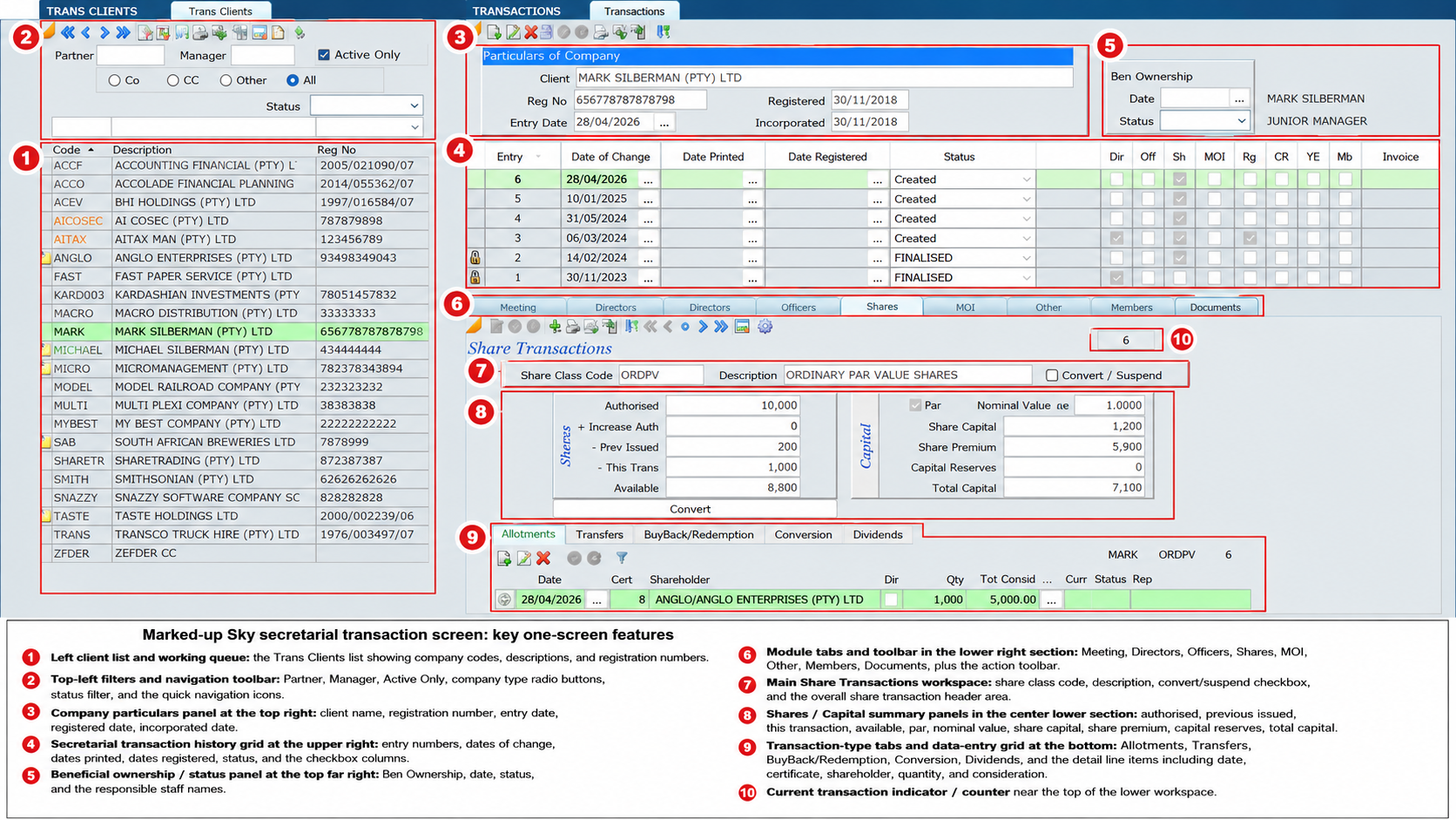 Annotated Sky Sec one-screen company secretarial view
