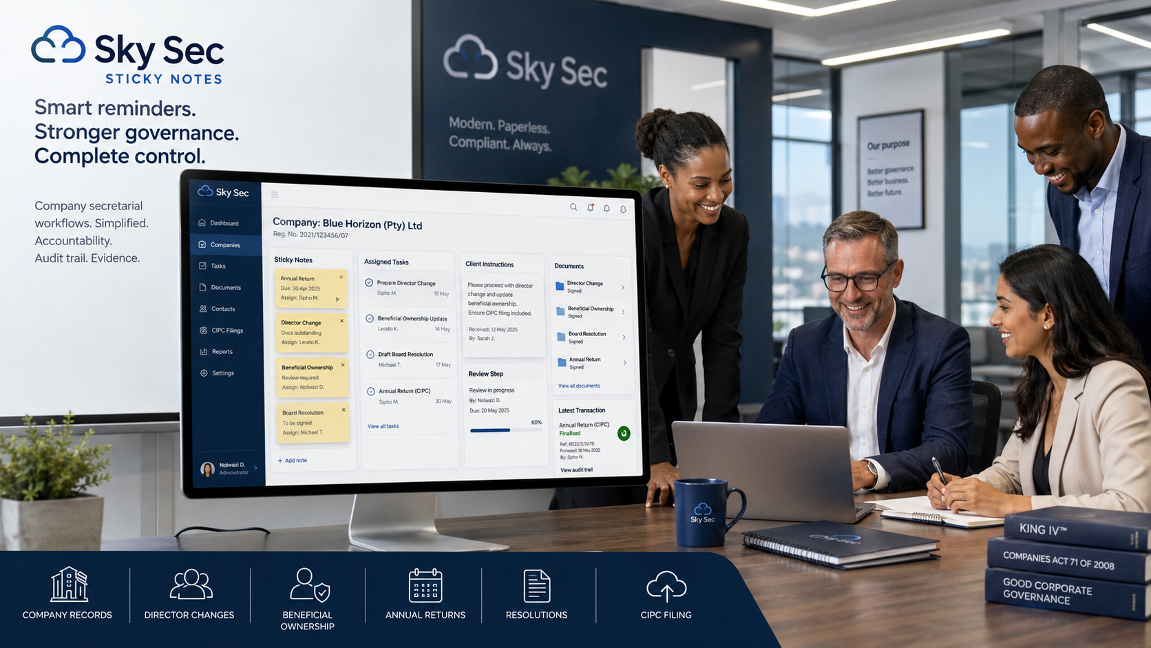 Client-linked Sky Sec Sticky Note showing instruction, responsible user, due date and status