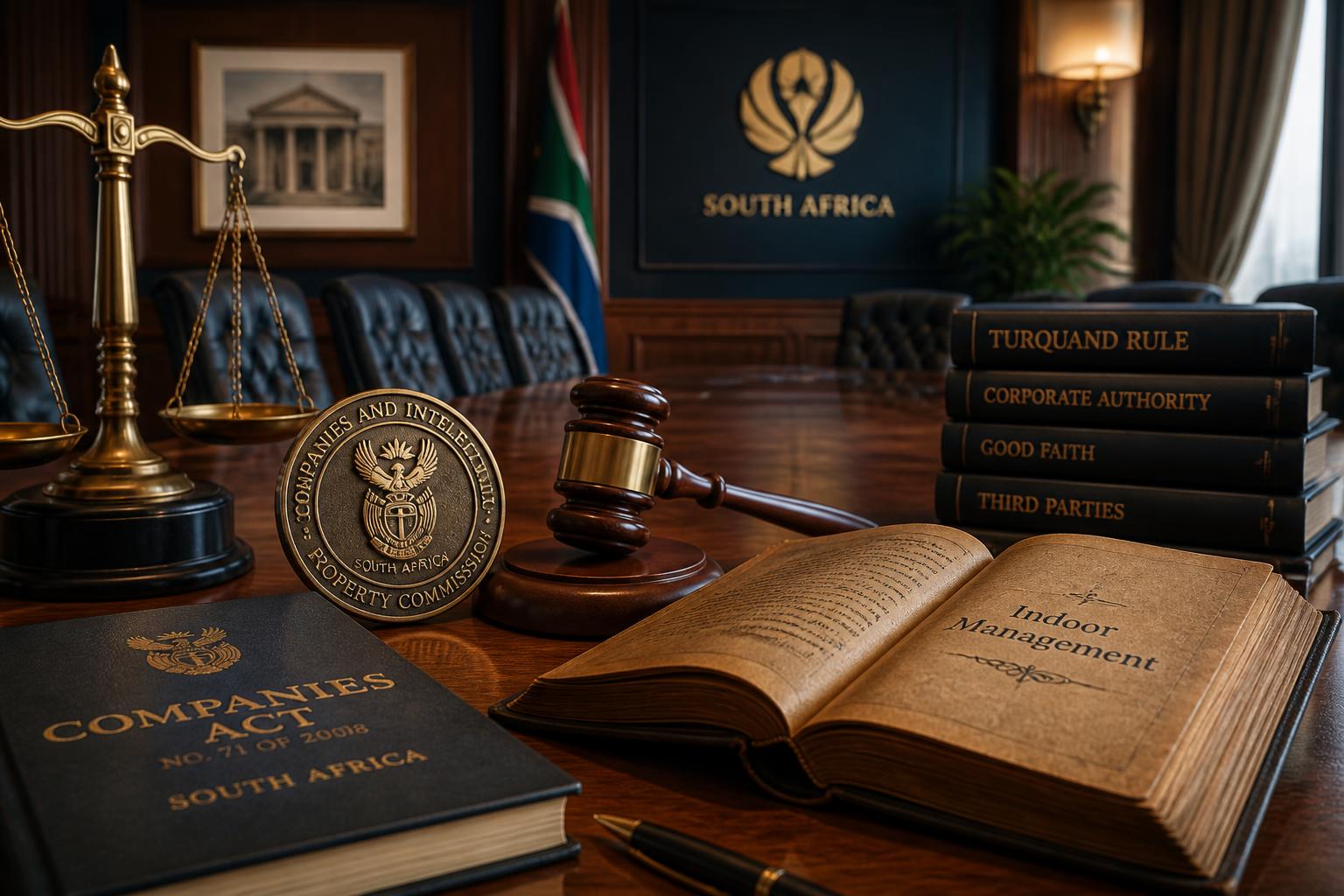 The Turquand Rule — South African company law boardroom with gavel, scales of justice and the Companies Act