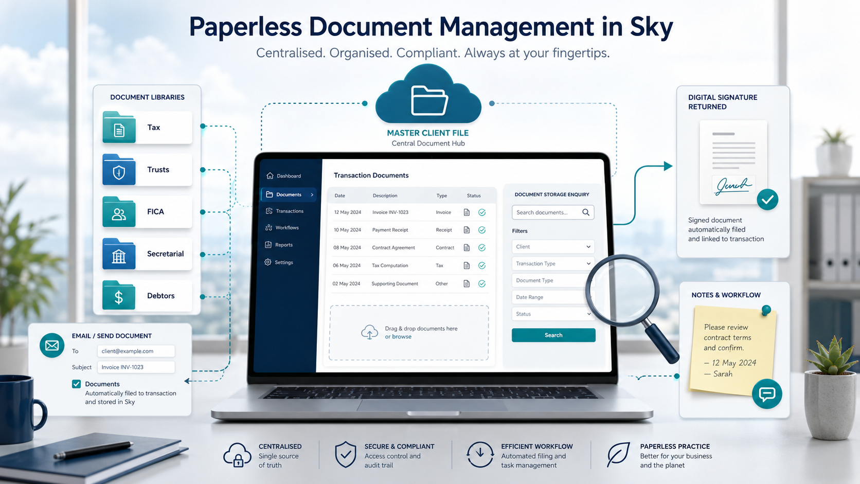 Paperless Document Management in Sky — centralised document libraries, transaction filing, digital signatures and workflow notes