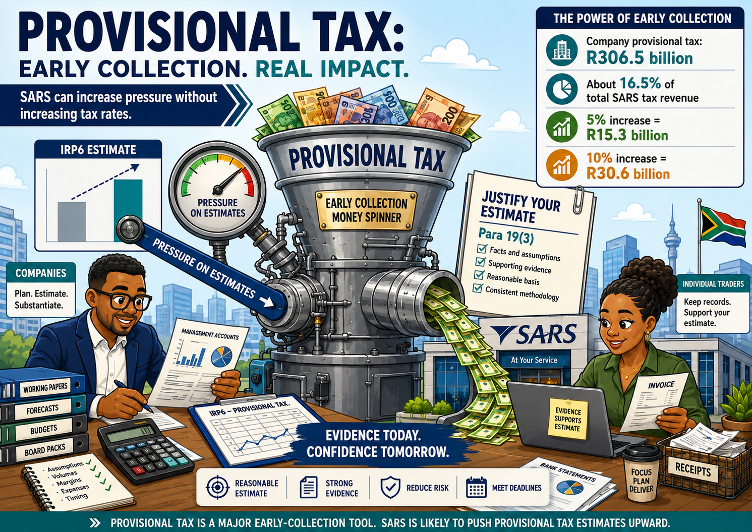 Infographic showing provisional tax as SARS's early collection mechanism, including collection statistics, paragraph 19(3) pressure on estimates and the evidence taxpayers must retain