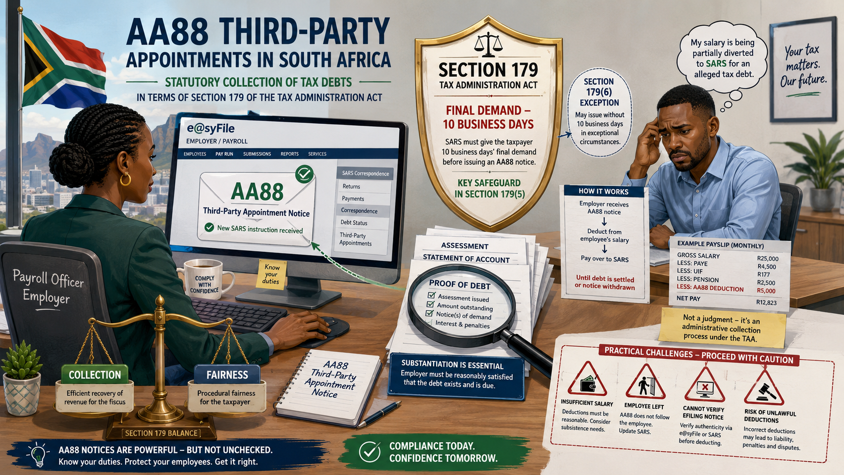 Detailed infographic explaining AA88 third-party appointments in South Africa under section 179 of the Tax Administration Act, including e@syFile, the section 179(5) 10 business day final demand safeguard, proof of debt requirements, and practical payroll challenges