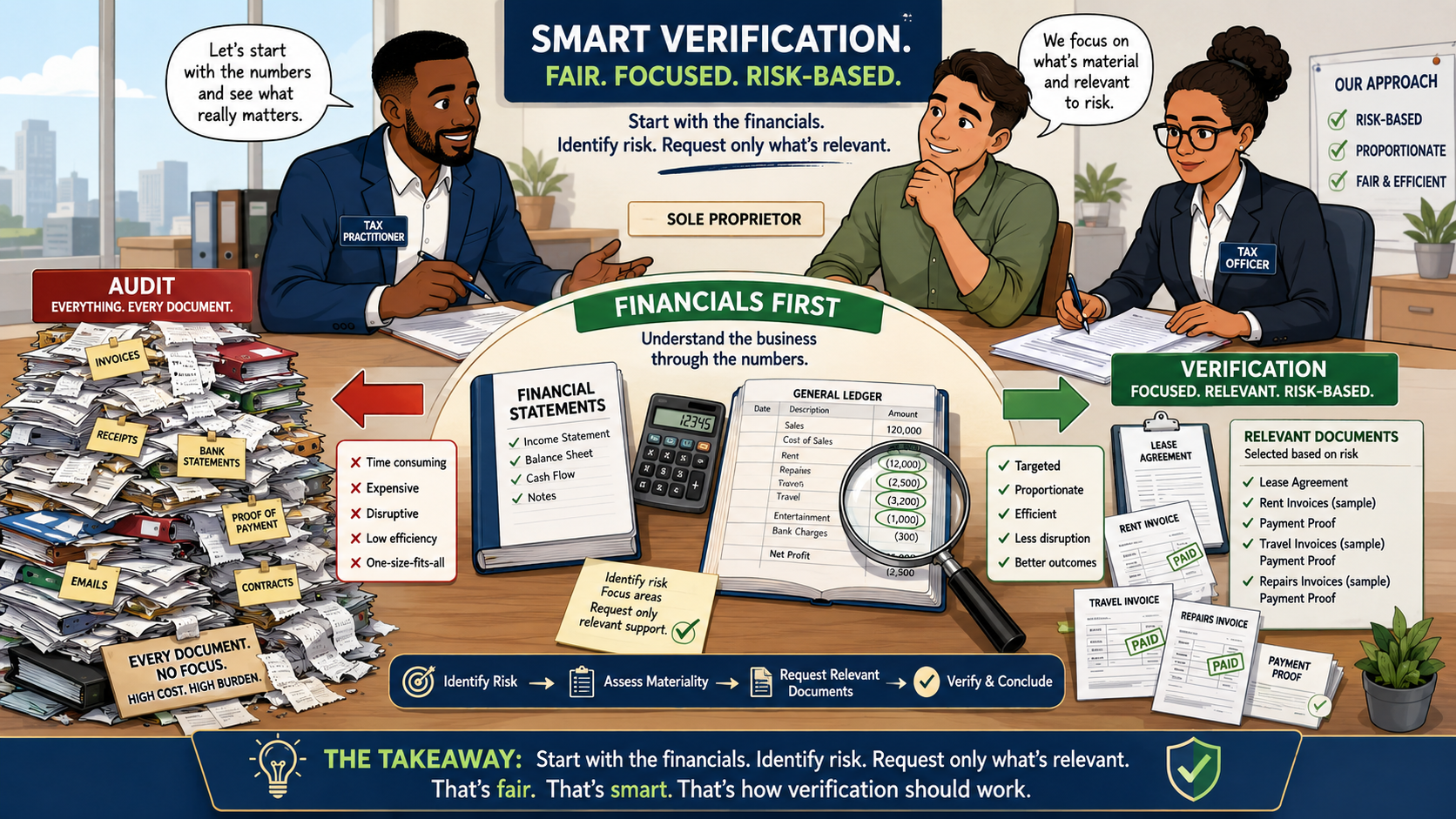 Infographic showing a financials-first, risk-based approach to SARS verifications for sole proprietors, contrasting verification with audit